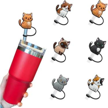 Imagem de 6 peças de cobertura de canudo de silicone reutilizáveis, acessórios para copos Stanley, tampa de palha de gato fofo para canudos Stanley de 10 mm
