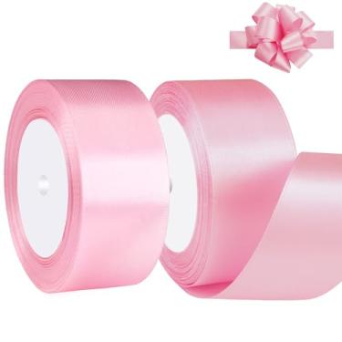 Imagem de Fita de cetim rosa 3,5 cm x 2 rolos de fita de tecido de cetim rosa larga para embalagem de presente, Natal, casamento, buquê de flores, festa de feriado, convite, total de 50 metros