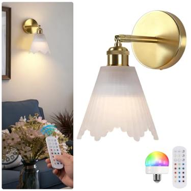 Imagem de Jaenmsa Arandela de parede vintage operada a bateria com abajur de vidro de grade de cristal leitoso recarregável a bateria com controle remoto para cabeceira, quarto, banheiro, conjunto de 2