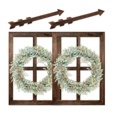Imagem de WAKOSAN Moldura de janela de madeira rústica com guirlanda verde e flechas decoração de parede, decoração de janela falsa de casa de fazenda para quarto e sala de estar, conjunto de 2 (marrom grande)