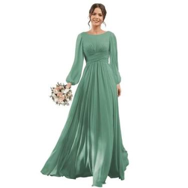 Imagem de Vestido de dama de honra YOFF Eucalyptus Chiffon A-line com bolsos