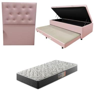 Imagem de Cama Box Baú Solteiro com Auxiliar (Bicama) + Colchão de Espuma D33 17cm | Kit Completo com Cabeceira Botonê Opcional | Diversas Cores (3, CORINO ROSA, COM CABECEIRA)