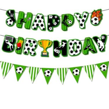 Imagem de Pano de fundo de faixa de feliz aniversário bola de futebol, jogo de gol esportivo, troféu, bandeira, bandeira, galhardete pendurada, adereços para cabine de fotos, suprimentos para festa de