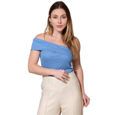 Imagem de Blusa Feminina Canelada de Um Ombro Só com Pala - Maranne, Azul, G