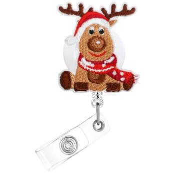 Imagem de Carretel de crachá de Natal, crachá bordado de feltro de rena para crachá de identificação, suporte retrátil telescópico com clipe de jacaré, acessórios para enfermeiras, trabalhadores médicos