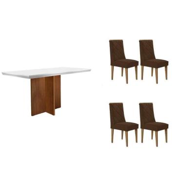 Imagem de Conjunto Sala de Jantar Berlim c/ Tampo Madeirado c/ Vidro Canto Curvo 120x80cm e 4 Cadeiras Pietá Madeira Maciça Naturale/Off White - Capuccino/Suede