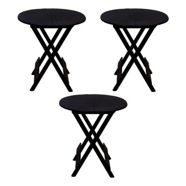 Imagem de Kit 3 Mesas Redondas Dobráveis Em Madeira Maciça 70X70 Preto Ideal Para Bares E Restaurantes