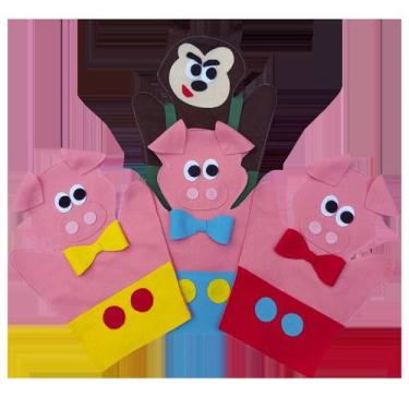 Imagem de Kit Fantoche Os Três Porquinhos + Lobo 4 Peças Feltro - Brinque E Leia