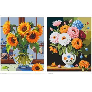 Imagem de Huacan Kits de pintura por números para adultos, iniciantes, 2 peças sem moldura, faça você mesmo, flores no vaso, desenho em tela, kit de pintura acrílica feito à mão com 8 pincéis 40 x 50 cm