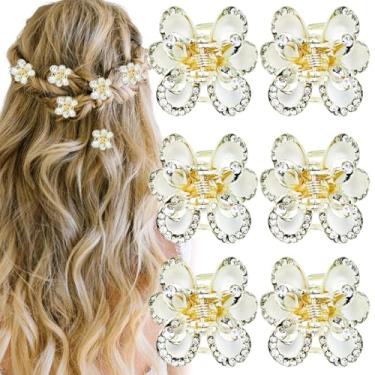 Imagem de Conjunto de 6 garras de cabelo de flor de strass, grampos de cabelo de flor de cristal brilhante com detalhes dourados, acessórios de cabelo elegantes para mulheres - Mini grampos de mandíbula florais