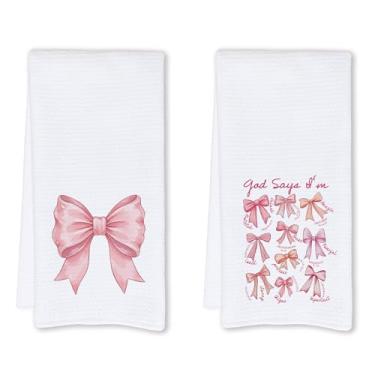 Imagem de Cabana Bro Conjunto de 2 toalhas de cozinha cristãs de laço rosa Coquette, God Says I Am Bible Versículo da Bíblia laço rosa toalhas de mão decorativas para banheiro, decoração de banheiro feminino