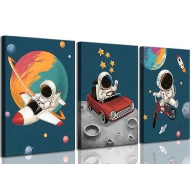 Imagem de 3 peças de arte de parede em tela de berçário espacial caprichosa astronautas do espaço sideral pintura de crianças decoração de parede pôster impresso arte para quarto de meninos meninas decoração de