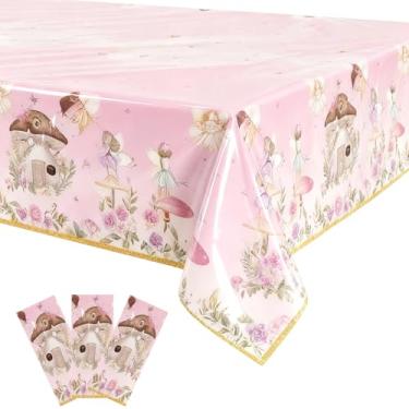 Imagem de Bphweulko 3 toalhas de mesa de festa de fadas, capas de mesa de plástico floral encantadas para 1º aniversário e chá de bebê, 137 x 272 cm (rosa)