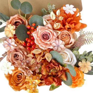 Imagem de Caixa combo de flores artificiais rosas laranja queimadas de seda com hastes pôr do sol terracota DIY buquês de casamento casamento outono boho arranjos florais falsos arranjos florais para chá de