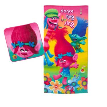 Imagem de DreamWorks Trolls Kids Banheiro/Piscina/Praia Toalha de Algodão Macio Absorvente com Toalha, Conjunto de 2 peças, 127 cm x 63,5 cm
