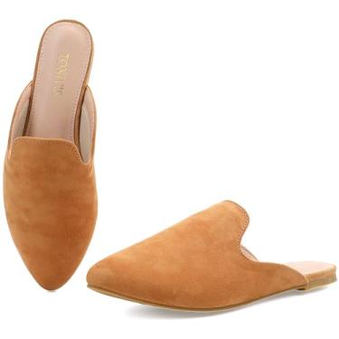 Imagem de Mocassins femininos TONIVIS Mules confortáveis sem cadarço, sem costas nuas, bico fino, para trabalho e uso casual, sapatos de salto baixo fechados femininos, Camurça marrom creme, 39