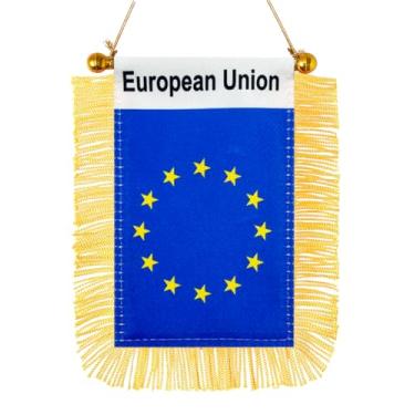 Imagem de JBSJBS Bandeira pendurada da União Europeia mini bandeiras de janela de carro pequenas da UE Banners decoração de espelho retrovisor bandeiras da UE com ventosa franjas douradas dupla face 7,6 x 12,7