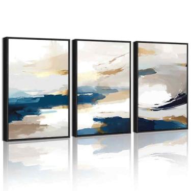 Imagem de KUVIOKE Arte de parede emoldurada azul abstrata em forma de grafite pastel decoração de parede pintura de arte moderna para corredor do quarto 30,5 x 40,6 cm (moldura preta)