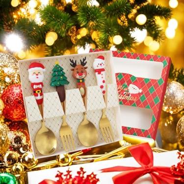 Imagem de Conjunto de 4 colheres de café de aço inoxidável e garfos de jantar de Natal - Colher de chá gelado de sobremesa de frutas, garfos de bolo - Presentes para suprimentos de festa de Natal (tamanho