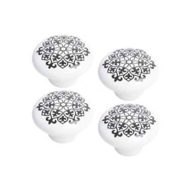 Imagem de Kit 4 Puxador Porcelana Cerâmica Gaveta Armário Preto Mandala (Branco/Preto - MPPON115)