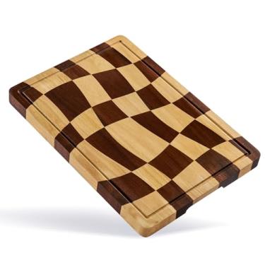 Imagem de THETCHRY Tábuas de corte de madeira de açougueiro para cozinha, tábua de corte quadriculada curvada com ranhuras e alças de suco, bandeja de servir bloco de açougueiro com caixa de presente, 42 x 29,5