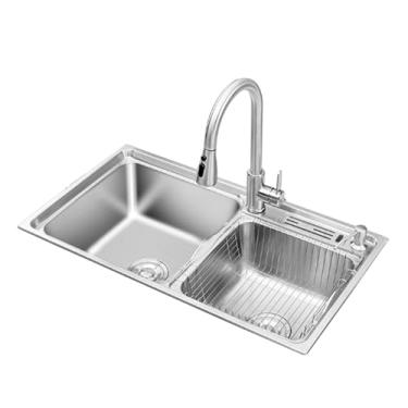 Imagem de Pia de cozinha de tigela dupla de aço inoxidável, pia de cozinha de montagem superior para lavar com torneira, pia de fazenda com acessórios (82 x 45 cm)