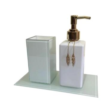 Imagem de Kit Lavabo Square 250ml com Porta Escova, Saboneteira e Bandeja Luxo(Branco Total C/Dourado)