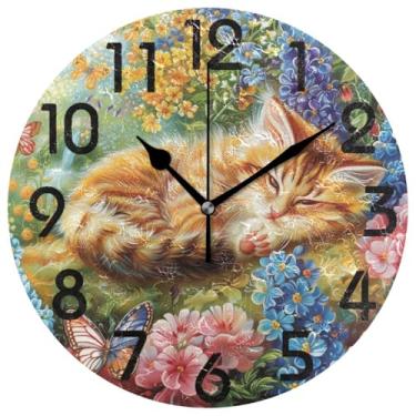 Imagem de ZzWwR Lindas flores de jardim adormecendo gato borboleta relógio de parede redondo, relógio de mesa analógico silencioso de 25 cm para casa cozinha/sala de estar/quarto/banheiro/escritório