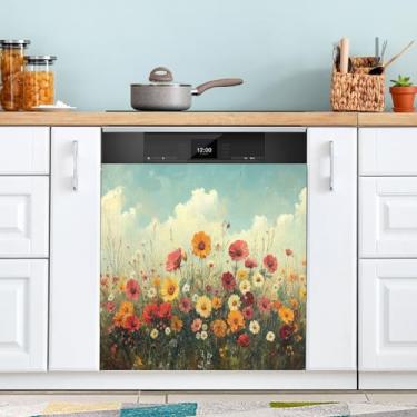 Imagem de ATTX Flores silvestres pintura a óleo capa ímã máquina de lavar louça, 58.4 cm C x 66.0 cm A decoração frontal da capa da máquina de lavar louça, decalques de armário doméstico eletrodomésticos