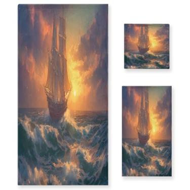 Imagem de ATTX Conjunto de toalhas de banho de pintura a óleo de navio à vela de 3 peças - Ultra macio e de secagem rápida, toalhas de mão absorventes de grau de hotel e spa para banheiro #584