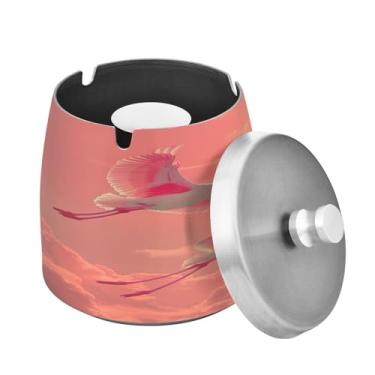 Imagem de Blueangle Cinzeiro de flamingos rosa com tampa para cigarros, à prova de vento/chuva, aço inoxidável, sem fumaça, inodoro, cinzeiro para uso interno ou externo (430)