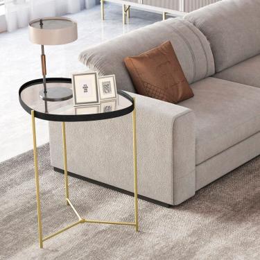 Imagem de Mesa Lateral com Borda em Couro Sintético com Espelho e Pés em Ferro Preto/Dourado
