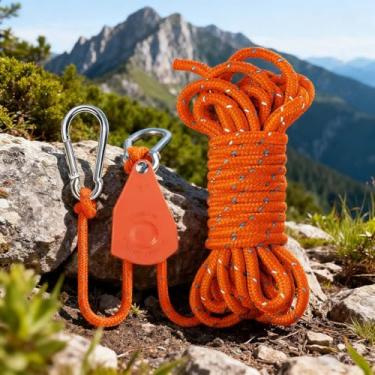 Imagem de Corda resistente ao ar livre com sistema de polia, Guyline reflexivo ajustável com ferragens de metal, corda de escalada para todos os climas para barracas de acampamento e equipamentos ao ar livre