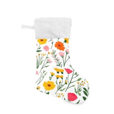 Imagem de Wassud Meia de Natal fofa com punho branco flores silvestres coloridas 45,7 cm grande para decoração de lareira e cornija 2 unidades