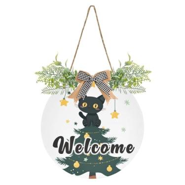 Imagem de YETTASBIN Placa de boas-vindas, árvore de Natal, gato, placa à prova d'água, para pendurar na parede, guirlanda decorativa para inauguração de casa, quintal, jardim, decoração de férias, 30 x 30 cm