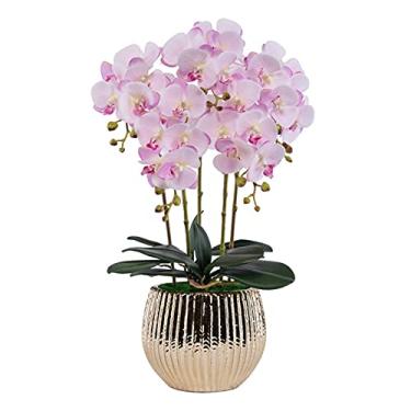 Imagem de LMJYU Flores artificiais com vaso Phalaenopsis Orquídea flor falsa em vaso centros de mesa para sala de jantar, decoração de arranjos lindo fluxo artificial