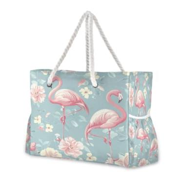Imagem de Wassud Bolsa de praia rosa flamingo grande bolsa de praia para mulheres, impermeável, à prova de areia, bolsa de viagem com zíper e bolso, piscina, academia, acampamento