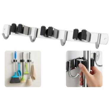Imagem de Suporte Porta Vassoura Multiuso Aço Inoxidável Premium 3 Encaixes Antiderrapantes 4 Ganchos Parede Organização Limpeza Cozinha Lavanderia Garagem Resistência Umidade Antiferrugem Durável
