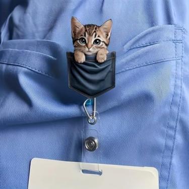 Imagem de Carretel de crachá de acrílico retrátil com clipe jacaré - design fofo gatinho malhado espiando do bolso, clipe de identificação de enfermeira para trabalhadores médicos/funcionários de escritório/XPJ