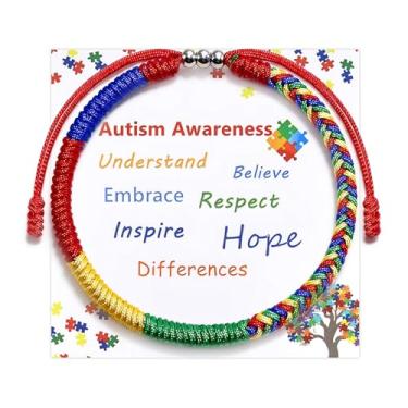 Imagem de LANWLOSI Pulseira de conscientização autista para homens e mulheres, pulseira de corda trançada colorida para conscientização do autismo e proteção autista, presentes inspiradores para ele e ela