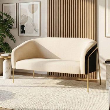 Imagem de Sofá Namoradeira Stella Industrial Alta Dourada Sintético Pu Preto Linho D03 - D'rossi Cor Preto/linho Bege