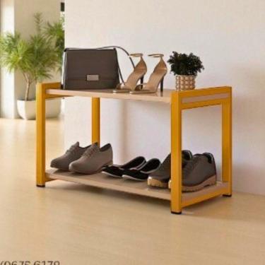 Imagem de Sapateira Multiuso Atenas Pequena De Metal 2 Prateleiras Mdf Dourado-off White