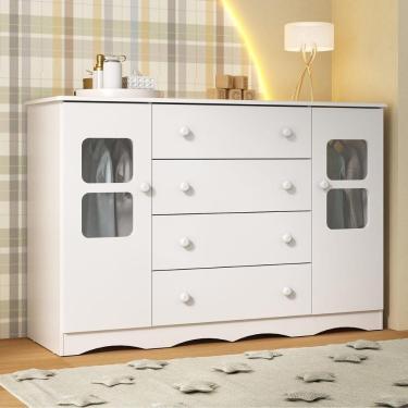 Imagem de Cômoda Infantil 125cm 2 Portas Com Vidro E 4 Gavetas Serena Multimóveis MP4435 Branco