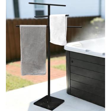 Imagem de Eadot Toalheiro com base de mármore para uso ao ar livre para piscina, banheira de hidromassagem ou spa, aço inoxidável 304, 6 braços, suporte de toalha, cobertor, escorredor de secagem preto fosco