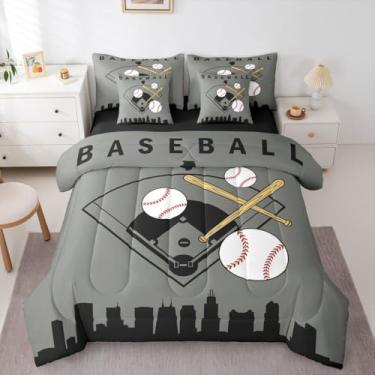Imagem de Erosebridal Jogo de cama king size esportivo de beisebol, com taco de beisebol, 7 peças, silhueta de construção de cidade, softball, cinza, para crianças, adolescentes e homens, Chicago