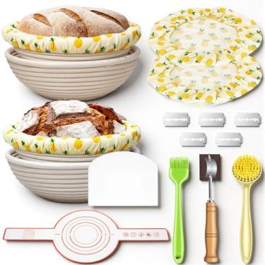 Imagem de Conjunto de cesta para presente, 4 peças de pão Banneton redondo de 23 cm, cesta Banneton à prova de pão, kit inicial de massa fermentada, suprimentos para assar pão (estilo abacaxi)