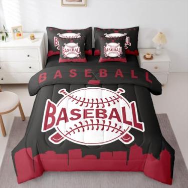 Imagem de Erosebridal Jogo de cama queen de beisebol, 7 peças, cama de beisebol urbana em uma bolsa para crianças, meninos e adolescentes, conjunto de edredom com lençol com silhueta de cidade americana, preto