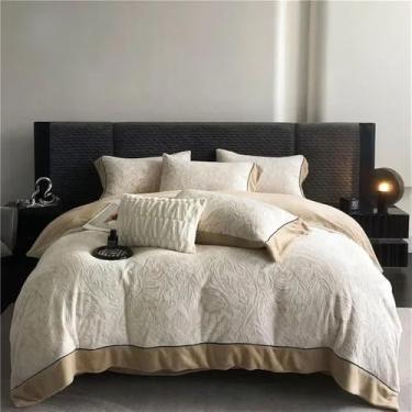 Imagem de Conjunto de cama tamanho Queen, roupa de cama macia para o inverno, capa de edredom, lençóis de casal, edredom com borda larga, bege, lençol de baixo com elástico, 1,5 MBed