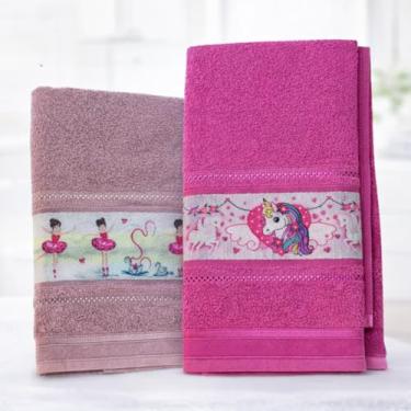 Imagem de KIT 2 Toalhas de Banho Infantil Felpuda Para Criança Com Faixa Decorada (Menina - Cetim Bailarina e Pink Unicórnio)