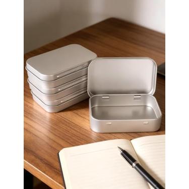 Imagem de Pacote com 2 latas pequenas de metal prateado com tampas, mini recipientes de armazenamento retangulares para organizador de moedas e chaves